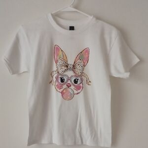 *sold* White Short Sleeve Tee with Pink Bunny Graphic Front and Back Of Shirt.